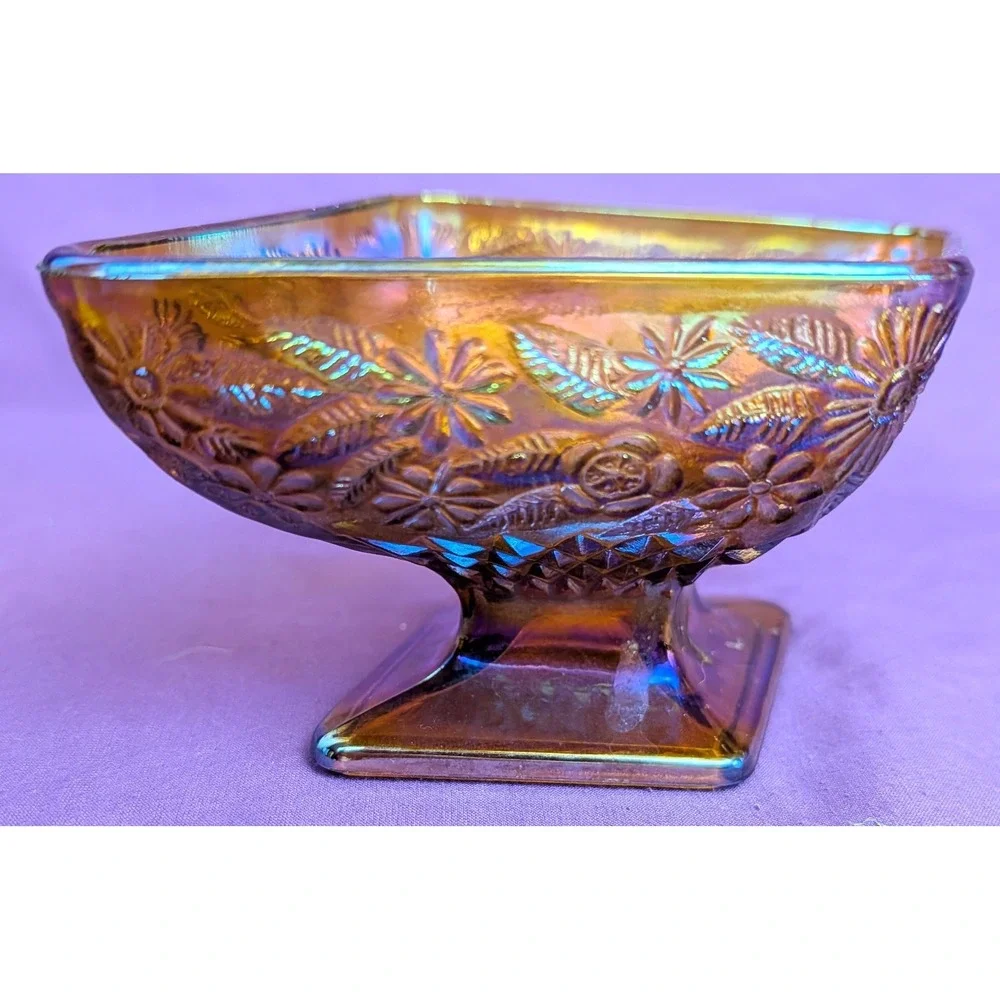 Indiana Carnival Glass Diamond Shaped Pedestal Dish Amber Iridescent Vintage